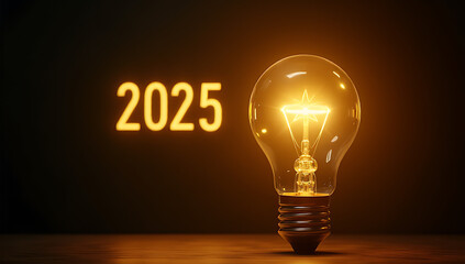 A gold light bulb illuminates a digital countdown to 2025, accompanied by a shining star in a futuristic celebration of numbers._00001_