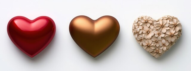 Obraz premium Three different heart shapes on a white background: one red with a glossy texture