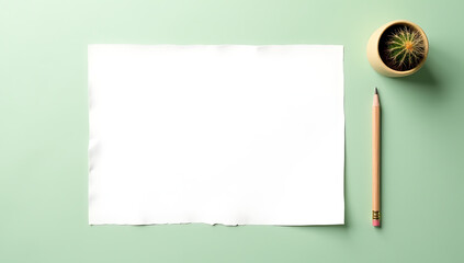 A flat lay of a white paper sheet, pencil, and cactus pot on a creative background, ideal for brainstorming ideas._00001_