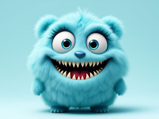 A funny furry blue monster with horns smiling