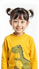 Happy Asian girl in yellow dinosaur sweater with fun hairstyle isolated on white background