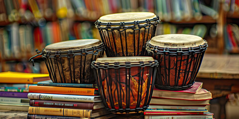 Four Djembe Drums on Stacks of Books