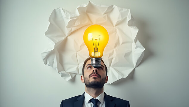 A crumpled paper is often seen as a metaphor for the idea of innovation symbolized by a lightbulb above a businessman._00002_