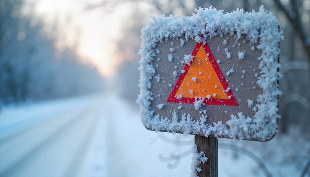 Frosty triangular warning sign on cold snowy road in winter landscape with soft light