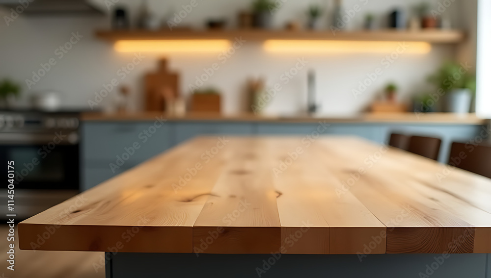 Poster A cozy wood table top counter island in the kitchen creates a warm and inviting atmosphere with its blurred edges._00003_