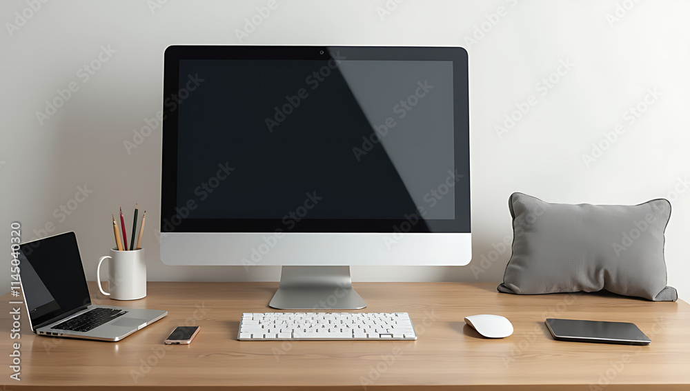 Aufkleber a computer and various laptop accessories are set up on a wooden desk in front of a plain business f