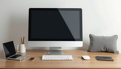 Fototapeta premium A computer and various laptop accessories are set up on a wooden desk in front of a plain business flat lay background._00001_