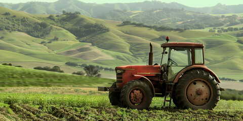 Obraz premium Red Tractor in Rolling Green Hills Landscape
