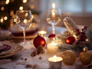 Festliche Tischdekoration mit Kerzen und Weihnachtsornamenten

