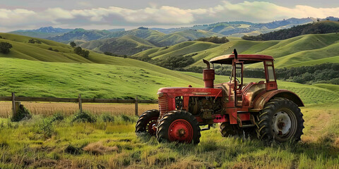 Obraz premium Red Tractor in Green Hill Pasture