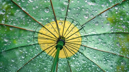 Vibrant Green Umbrella with Rain Drops - Closeup View of Nature's Art