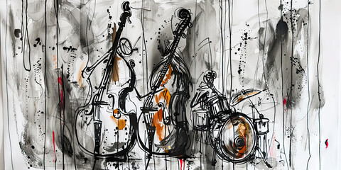Abstract Painting of Two Upright Basses and Drum Kit