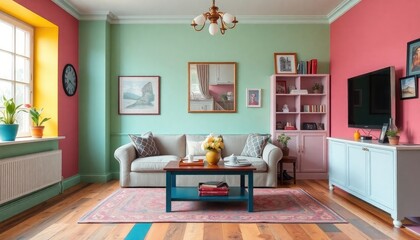 A vibrant eclectic living room with skirting boards painted in mismatched bright colors