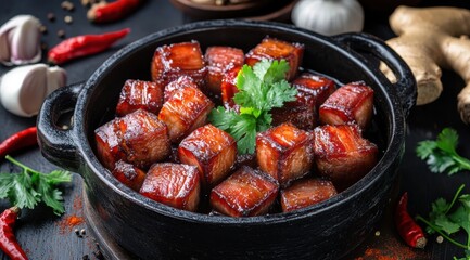 Iron Pot with Red Braised Pork Belly, Garnished with Coriander and Chili Peppers