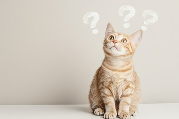 Charming cornish rex cat surrounded by question marks isolated on blue background with copy space. Cute Scottish tabby cat asking