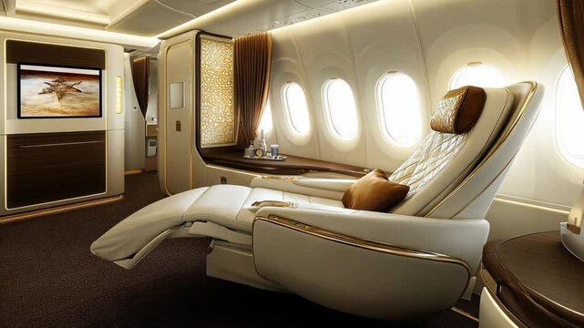 Luxury airplane interior featuring spacious seating and elegant design in a private cabin