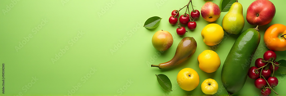 Poster a collection of various fruits arranged artfully in a vibrant green background with plenty of empty 