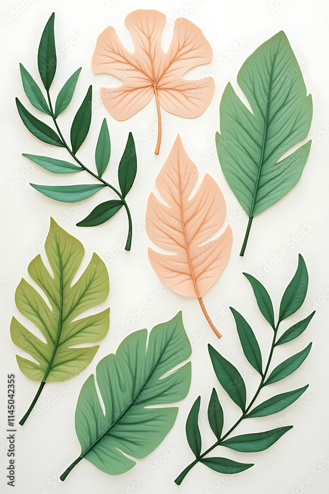 Poster a collection of tropical leaves with soft pastel colors is used to create an abstract leaf decoratio