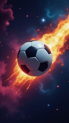Naklejka premium A surreal interstellar soccer game unfolds in vibrant celestial scenery with cosmic motion and astounding visuals