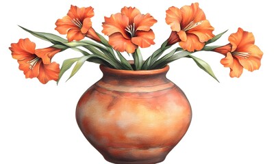 Orange gladiolus in a round clay pot.