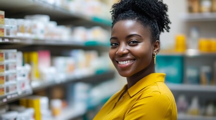 Naklejka premium Smiling Woman in a Pharmacy - Friendly and Helpful