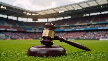 A gavel on a sports field signifies sports law arbitration ideal for commercial discussions and law campaigns