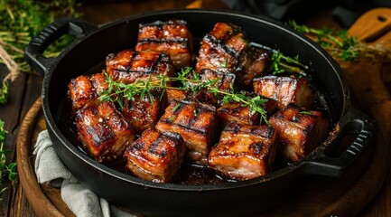 Iron Pot with Red Braised Pork Belly, Garnished with Coriander and Chili Peppers