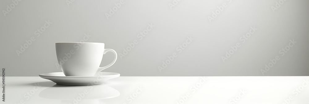 Poster a clear coffee cup sits alone on a plain white tabletop in an empty room._00001_