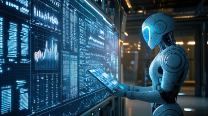 Futuristic humanoid robot interacting with digital interface displaying data and graphs in a high-tech environment, symbolizing advanced technology and innovation