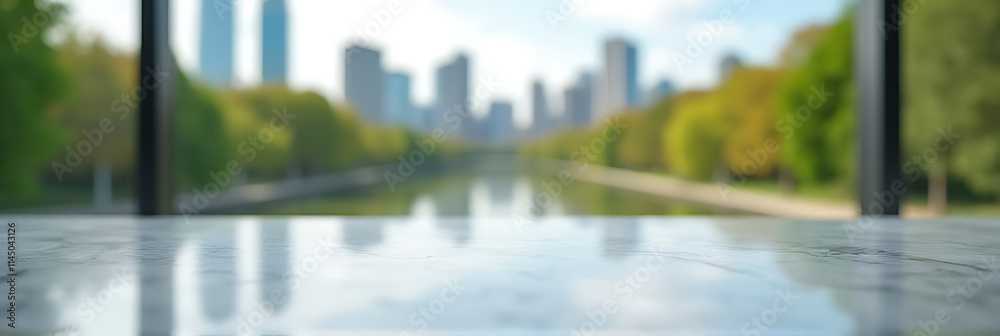 Poster A clean marble countertop is in sharp focus while a blurred cityscape and park landscape are visible behind it._00003_