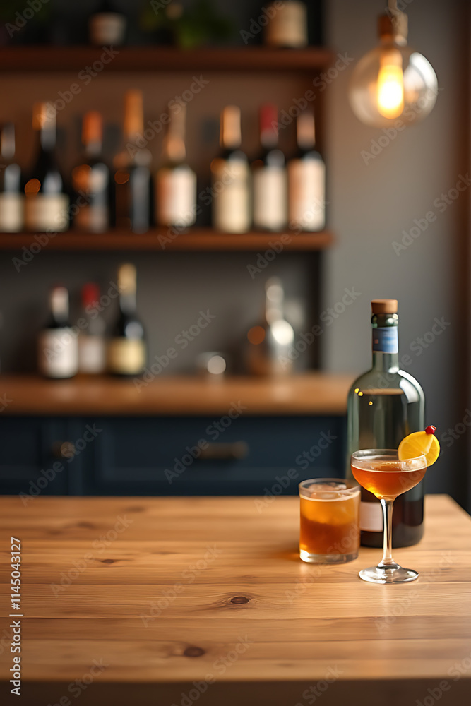 Poster a clean wooden table with a blurred background showcases cocktail counter bar and wine bottles for p