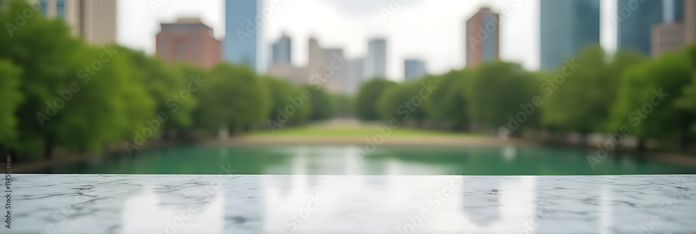 Poster A clean marble countertop is in sharp focus while a blurred cityscape and park landscape are visible behind it._00002_