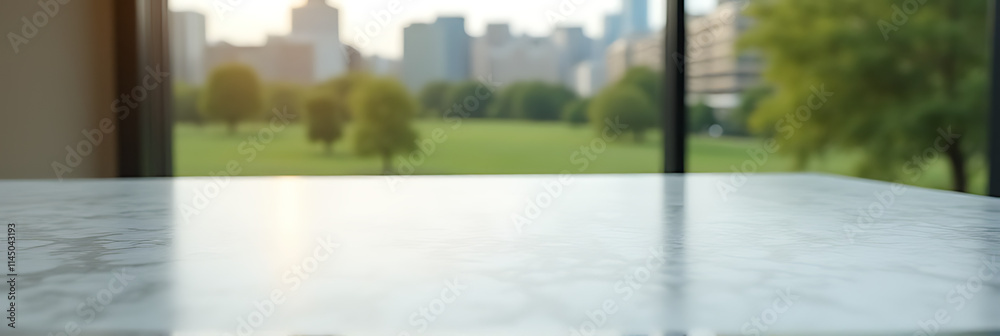 Poster a clean marble countertop is in sharp focus while a blurred cityscape and park landscape are visible