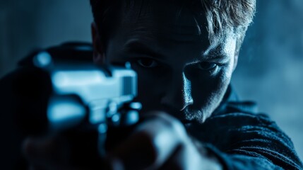 Close-up of a Determined Man with a Gun