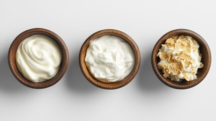 Creamy Yogurt, Sauce, and Crispy Flakes in Wooden Bowls