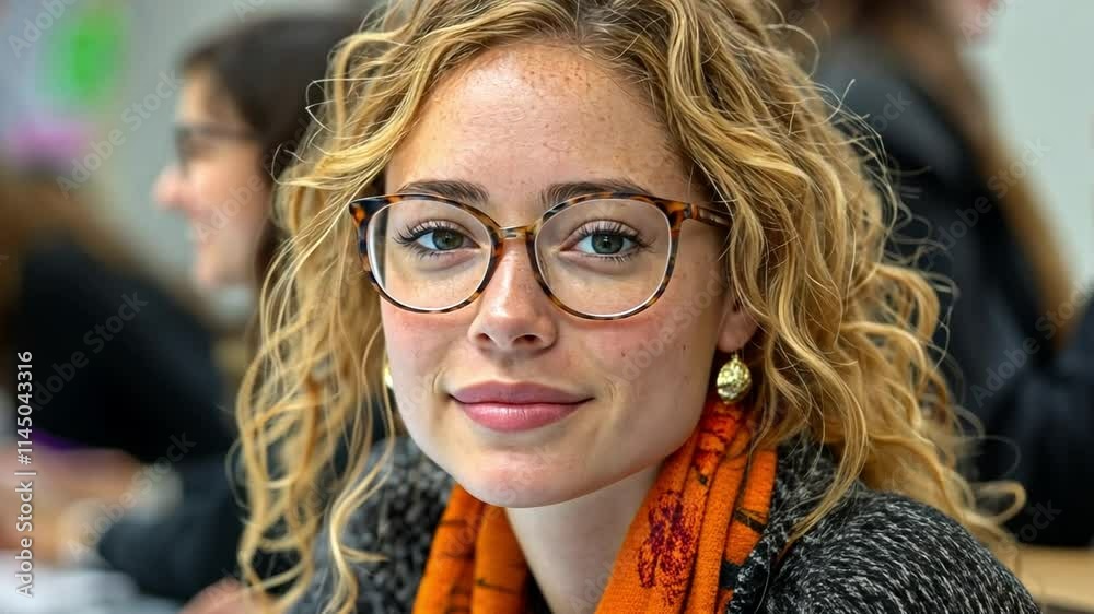 Poster a student with curly hair and glasses looks directly at the camera while sitting at a desk in a clas