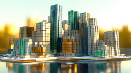 Obraz premium Abstract cityscape with glowing golden skyscrapers on a dark grid, evoking a futuristic, high-tech urban environment at night.