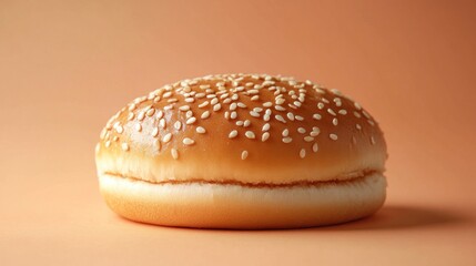 A sesame seed bun on a neutral background.