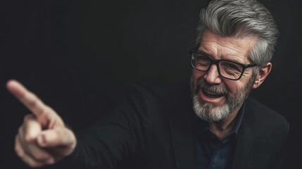 Obraz premium Portrait of a confident, stylish man with a white beard wearing a dark suit, posed against a dramatic black background
