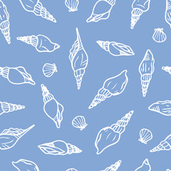 Spiral seashells hand drawn seamless pattern. Shells wallpaper on light background.