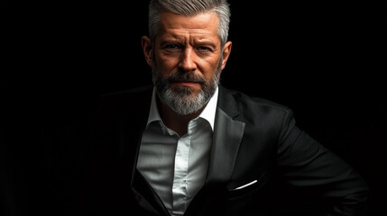 Fototapeta premium Portrait of a confident, stylish man with a white beard wearing a dark suit, posed against a dramatic black background