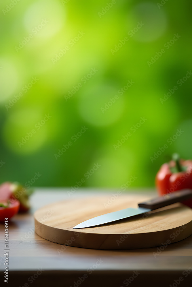 Poster A chopping board rests on a table amidst a blurred green bokeh background with soft focus effect._00003_