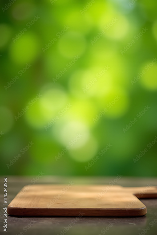 Poster A chopping board rests on a table amidst a blurred green bokeh background with soft focus effect._00001_