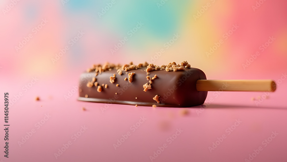 Poster a chocolate stick placed on a vibrant and colorful background is an appealing food presentation conc