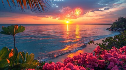 A glowing New Year Eve firework display above a beautiful beach, with golden light reflecting on the water.