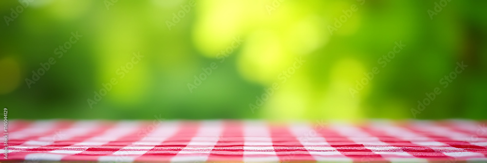 Poster a checkered tablecloth with an abstract green bokeh effect from a morning garden scene serves as a v