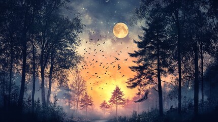 Fairy tale woodland, wonderful night, and fantasy environment. AI artwork, digital art, backdrop, or wallpaper. Generative Ai