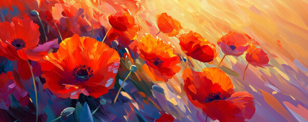 Bright red poppy field illuminated by the warm glow of sunset in stunning colors at dusk