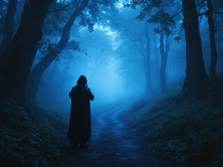 Fototapeta premium Hooded figure on foggy forest path at night.
