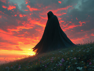 Silhouette of a monstrous creature at sunset on a mountain.